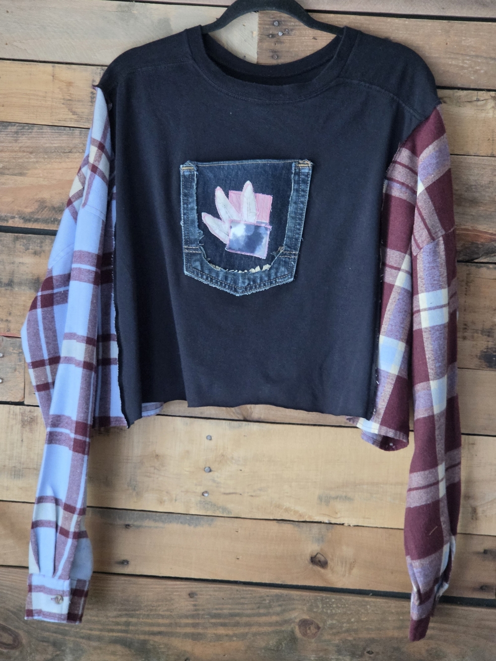 Upcycled Cropped Black Graphic Tee with Plaid Sleeve Contrast - Western Print - Picture 8 of 10